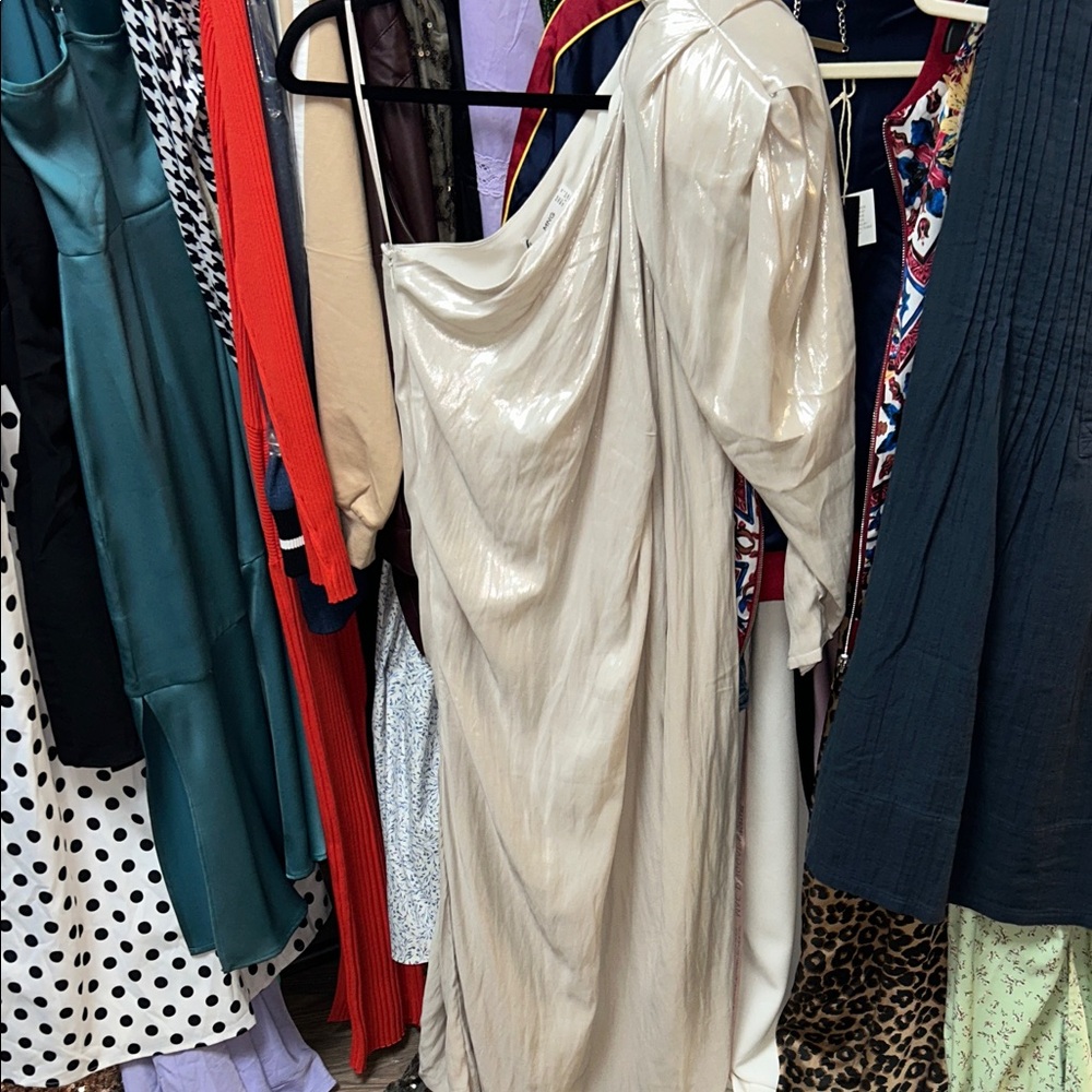 Mango Shimmering Cream One-Shoulder Dress
